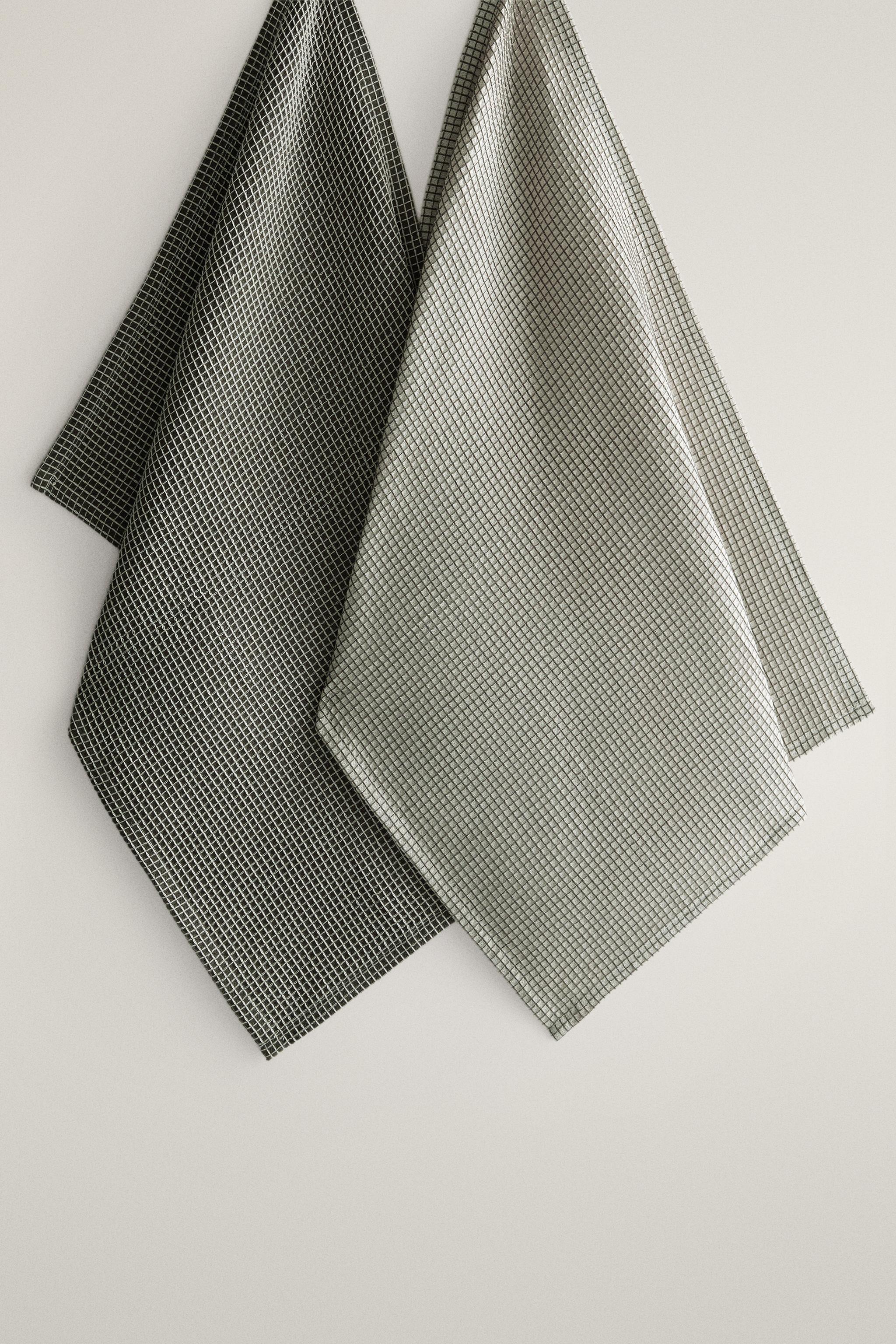 WAFFLE-TEXTURED CHECKED COTTON KITCHEN TOWELS (PACK OF 2)